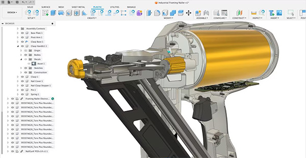 Fusion 360 is a cloud-based integrated CAD/CAM/CAE platform developed by Autodesk. It integrates 3D modeling, CNC programming, simulation analysis, and collaborative design, allowing users to complete the entire process from design to manufacturing without switching software. Fusion 360 supports parametric and freeform surface modeling. It can flexibly handle the design of structural and appearance components, making it suitable for mid-range product design and prototype development.Fusion 360 enables cloud-based teamwork and real-time collaboration, boosting design speed and creativity.But its cloud dependency limits offline use, large assembly performance, and high-precision surface design.When an assembly contains thousands of components, the loading, saving, and constraint calculations can noticeably slow down.Pricing: Fusion 360 is priced at about $85/month or $680/year, covering CAD, CAM, and CAE in one plan. Some advanced tools are sold separately, and it's free for students and educators.