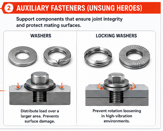 Industrial auxiliary fasteners showing flat washers and locking washers used for load distribution and vibration resistance.
