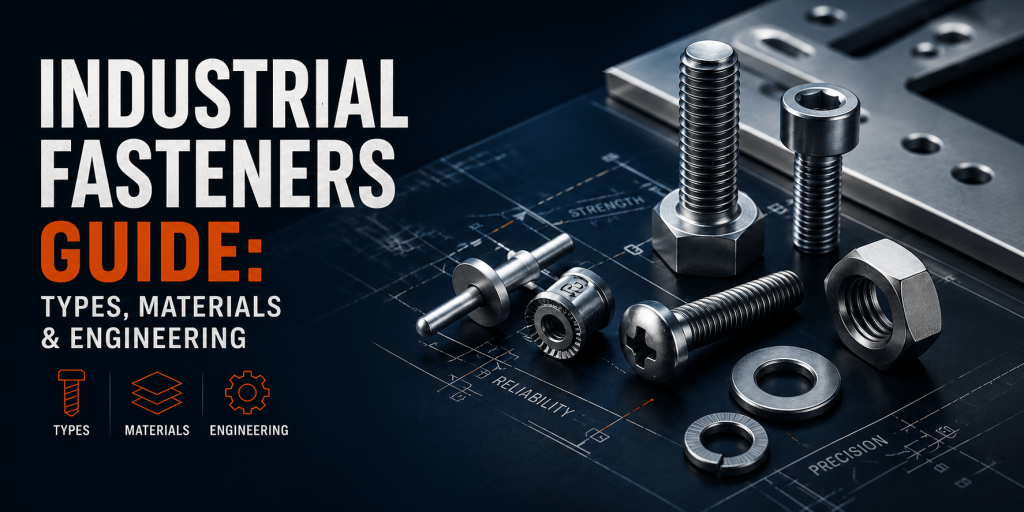 Industrial fasteners guide cover featuring bolts, rivets, nuts, washers, and precision fastening components for industrial manufacturing applications.