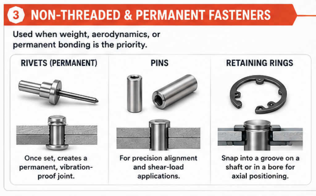 Non-threaded fasteners including rivets, alignment pins, and retaining rings used for permanent joints and axial positioning.