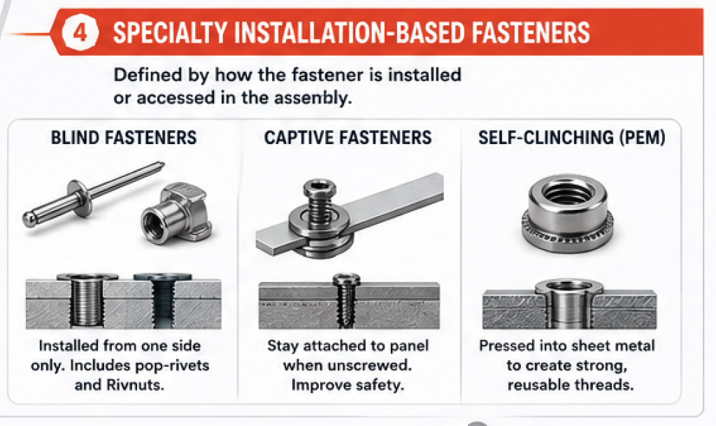Specialty fasteners including blind rivets, captive fasteners, and PEM self-clinching fasteners for sheet metal and one-side installation applications.