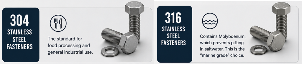 Stainless steel fasteners including 304 and 316 stainless steel bolts and nuts.