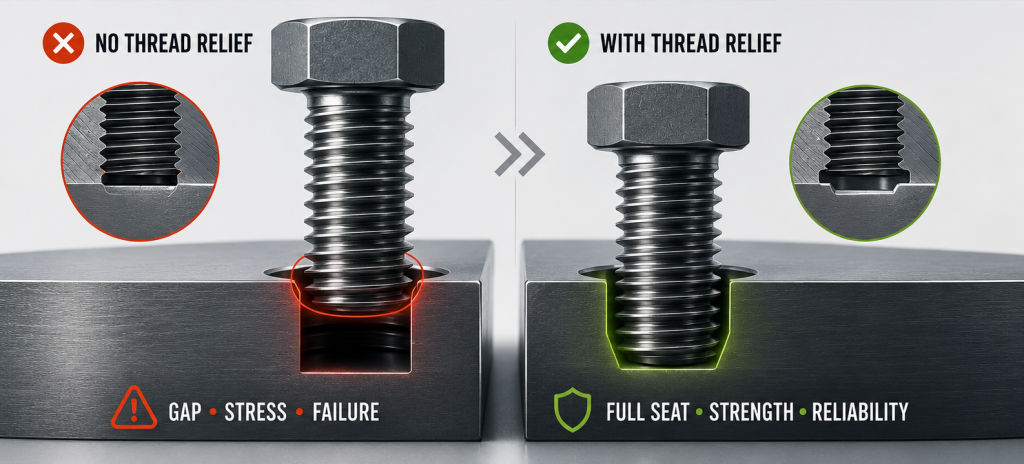 Thread relief comparison showing improper fastener seating without an undercut versus full thread engagement with proper thread relief for improved strength and fatigue resistance.