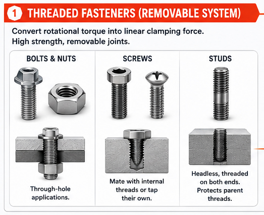 Industrial threaded fasteners including bolts, nuts, screws, and studs used for removable mechanical joining applications.