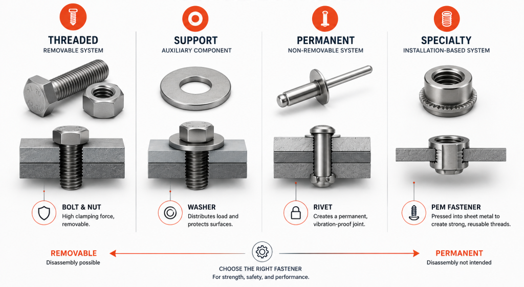 Minimal industrial fastener classification chart showing threaded fasteners, washers, rivets, and PEM fasteners across removable and permanent mechanical joining systems.