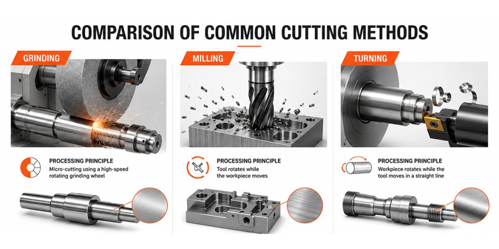 Cutting Method Grinding Milling Turning Processing Principle Micro-cutting using a high-speed rotating grinding wheel Tool rotates while the workpiece moves Workpiece rotates while the tool moves in a straight line Machining Accuracy IT5–IT6 IT7–IT9 IT6–IT8 Surface roughness Ra 0.1–0.8 μm 1.6–6.3μm 0.8–3.2 μm Single-pass cutting depth 0.01–0.05 mm (finish grinding) 2–6 mm (rough milling) 2–8 mm (rough turning) Material Hardness Up to HRC 60 or higher (including hardened steel and ceramics) Generally ≤ HRC 50 Generally ≤ HRC 45 Key Applications Finishing Heavy material removal (rough machining) Machining of rotary parts
