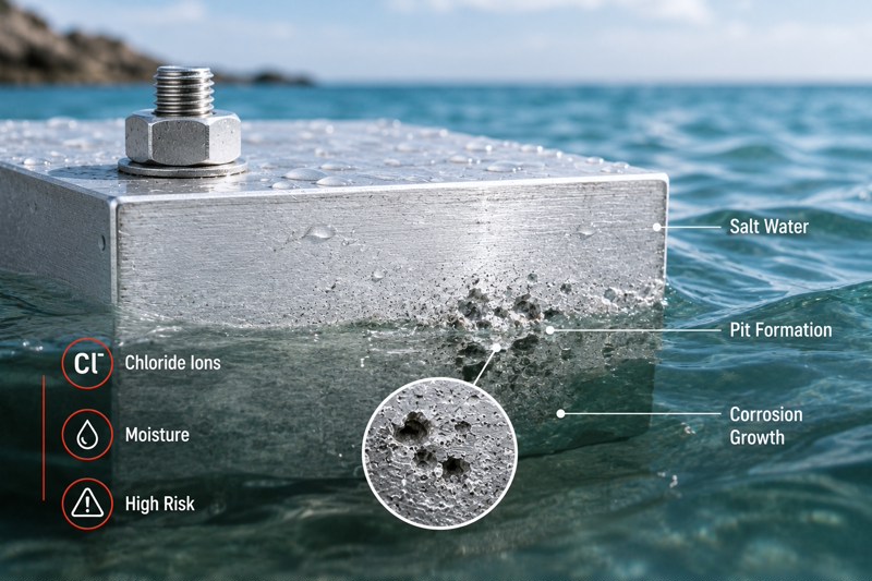Aluminum corrosion in a salt water marine environment showing localized pitting damage.