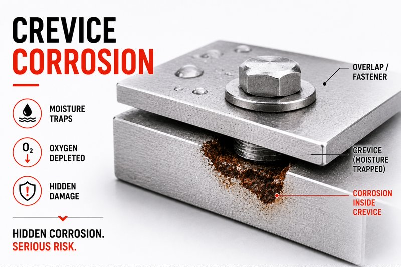 Aluminum crevice corrosion developing beneath fasteners where moisture becomes trapped.