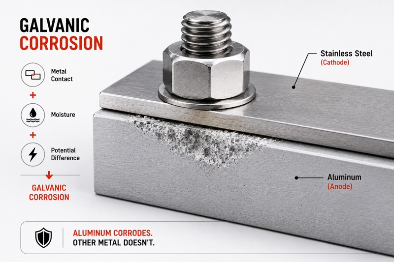 Galvanic corrosion occurring between aluminum and stainless steel fasteners in a moist environment.
