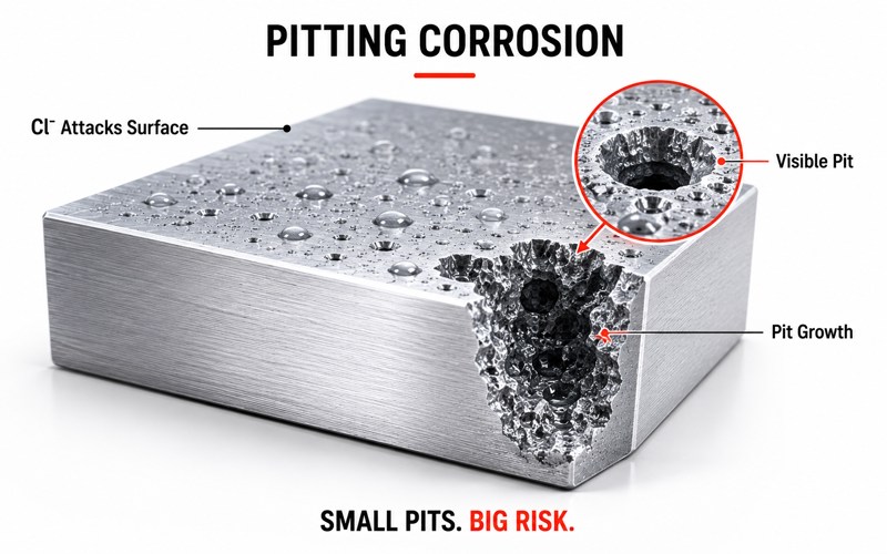 Pitting corrosion on an aluminum surface showing localized holes caused by chloride attack and inward corrosion growth.
