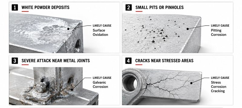 Examples of aluminum corrosion including white oxidation deposits, pitting corrosion, galvanic corrosion, and stress corrosion cracking.
