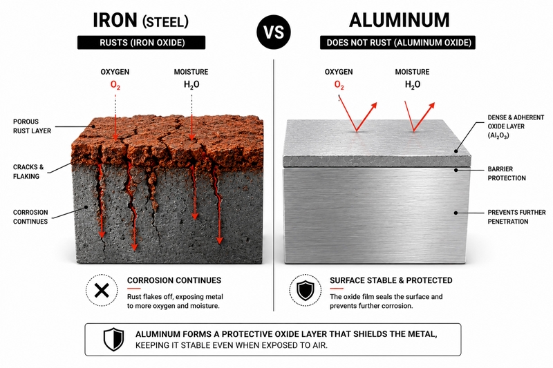 Comparison of iron rust and aluminum oxidation showing porous rust layers on iron and a protective oxide layer on aluminum.