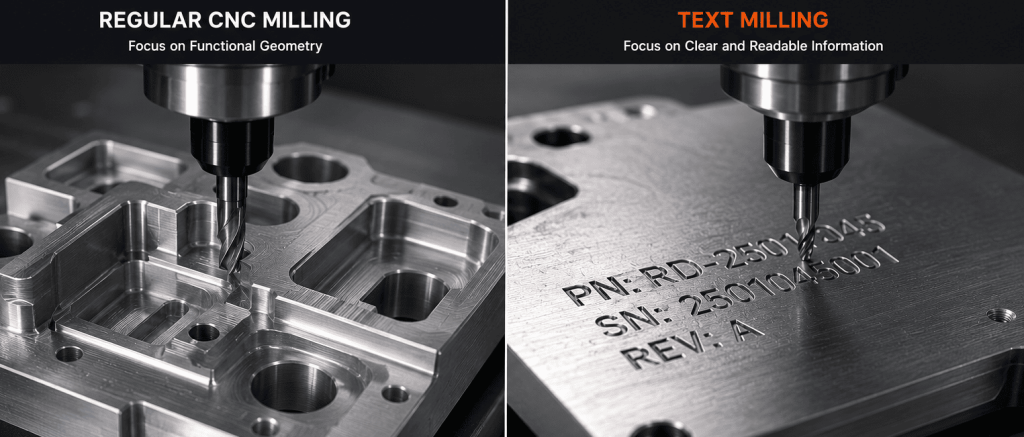 Comparison between regular CNC milling and text milling on machined metal parts