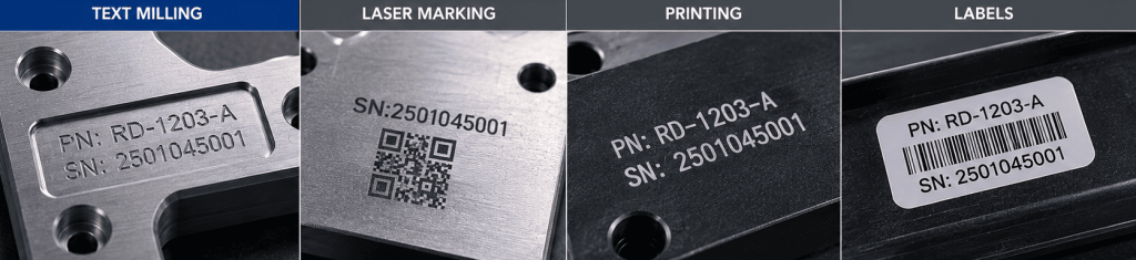 Comparison of text milling, laser marking, printing, and adhesive labels for part identification